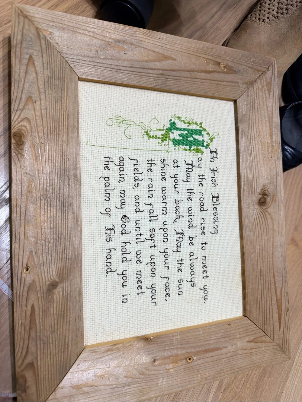 Hand-Embroidered Irish Blessing Cross Stitch Sampler in Rustic Wood Frame